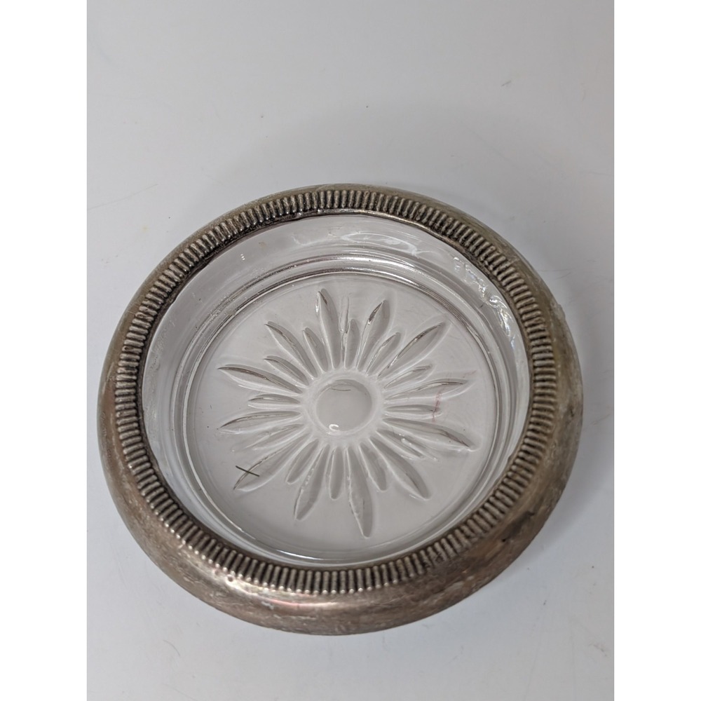 Vintage Leonard Silver Plate Rim Glass Coaster Ashtray Trinket Dish